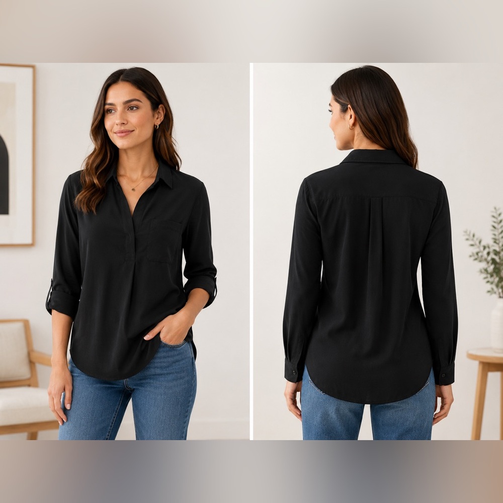 French Connection Black Popover Blouse Shirt M Collared Pocket Long Sleeve Top
